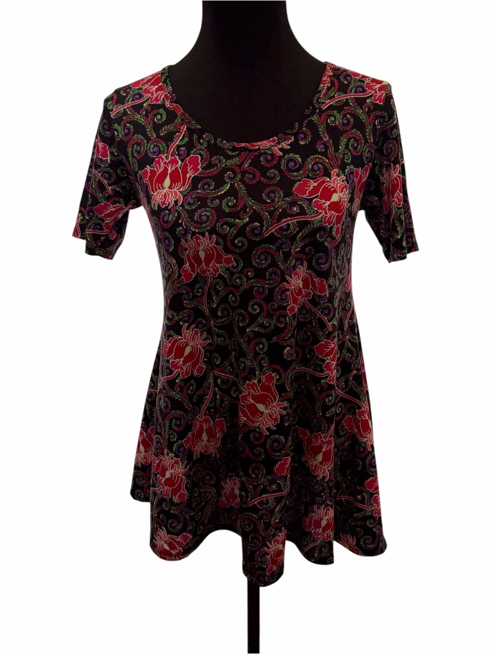 LuLaRoe Women’s XXS Black Pink Floral Short Sleeve Stretch Top